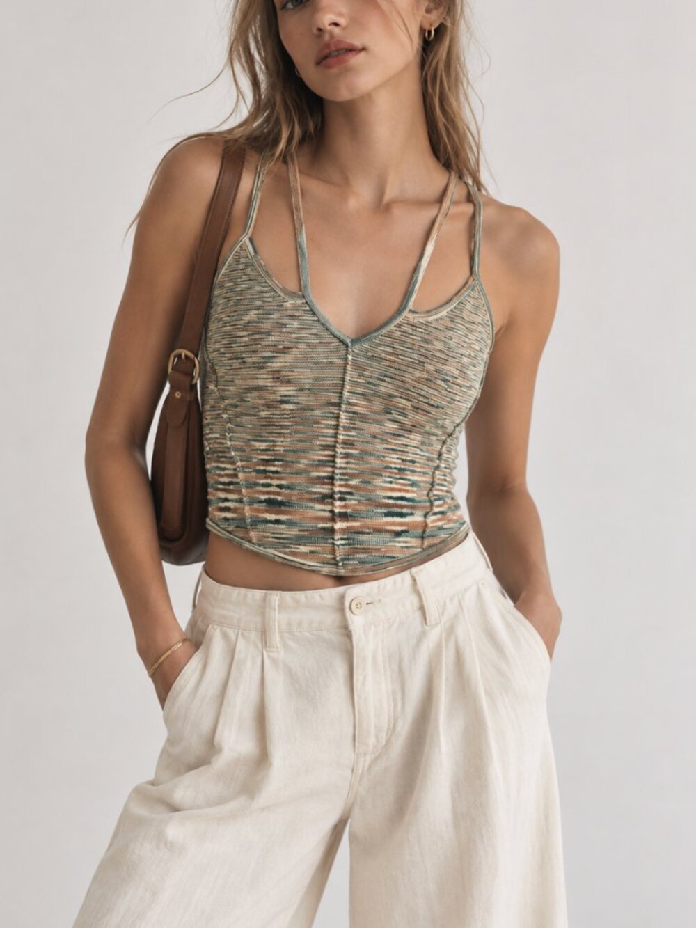 Anthropologie Striped Knit Crisscross Strap Crop Top Cream Green Brown S